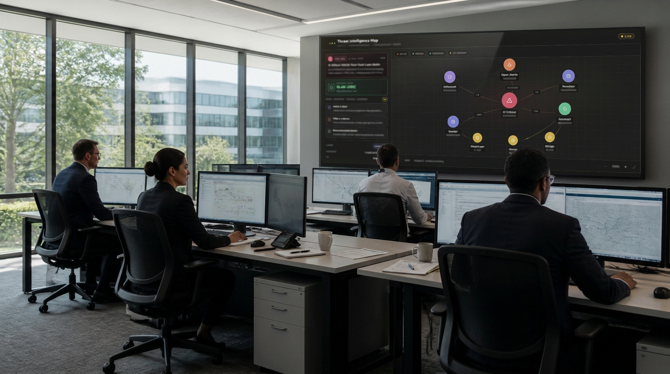 Watch Officers on the Client Focus operations floor with the C'ROC Threat Intelligence Map on the wall display