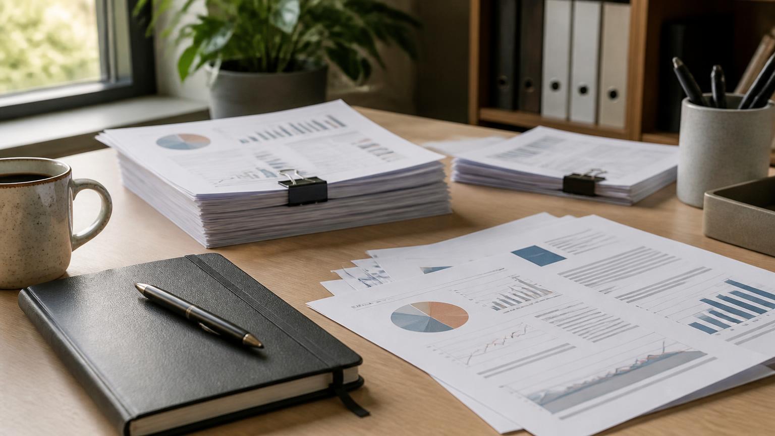 Printed operational reports and a notebook on a desk in daylight