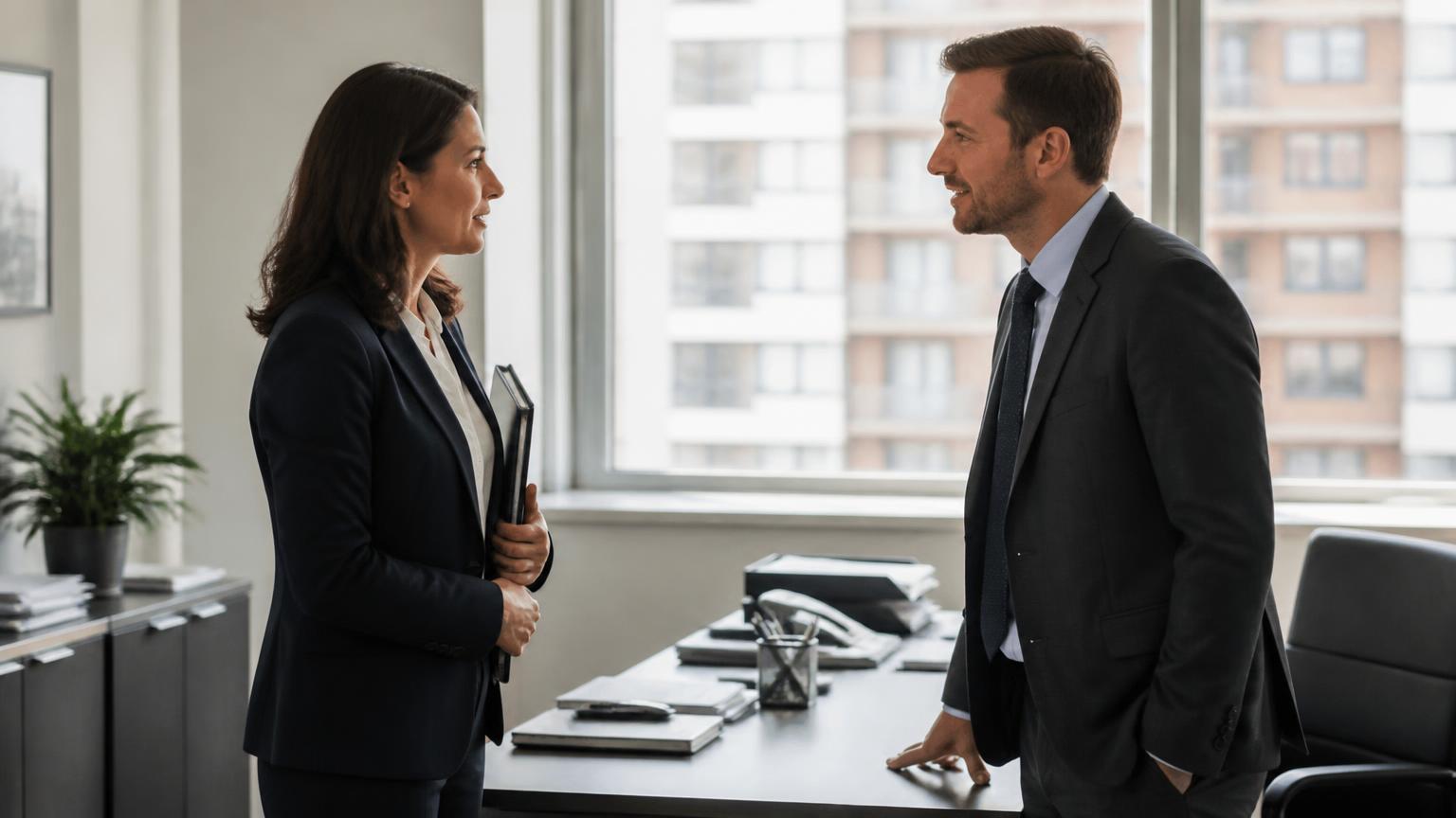 Bank technology leaders in discussion beside a window in a corporate office
