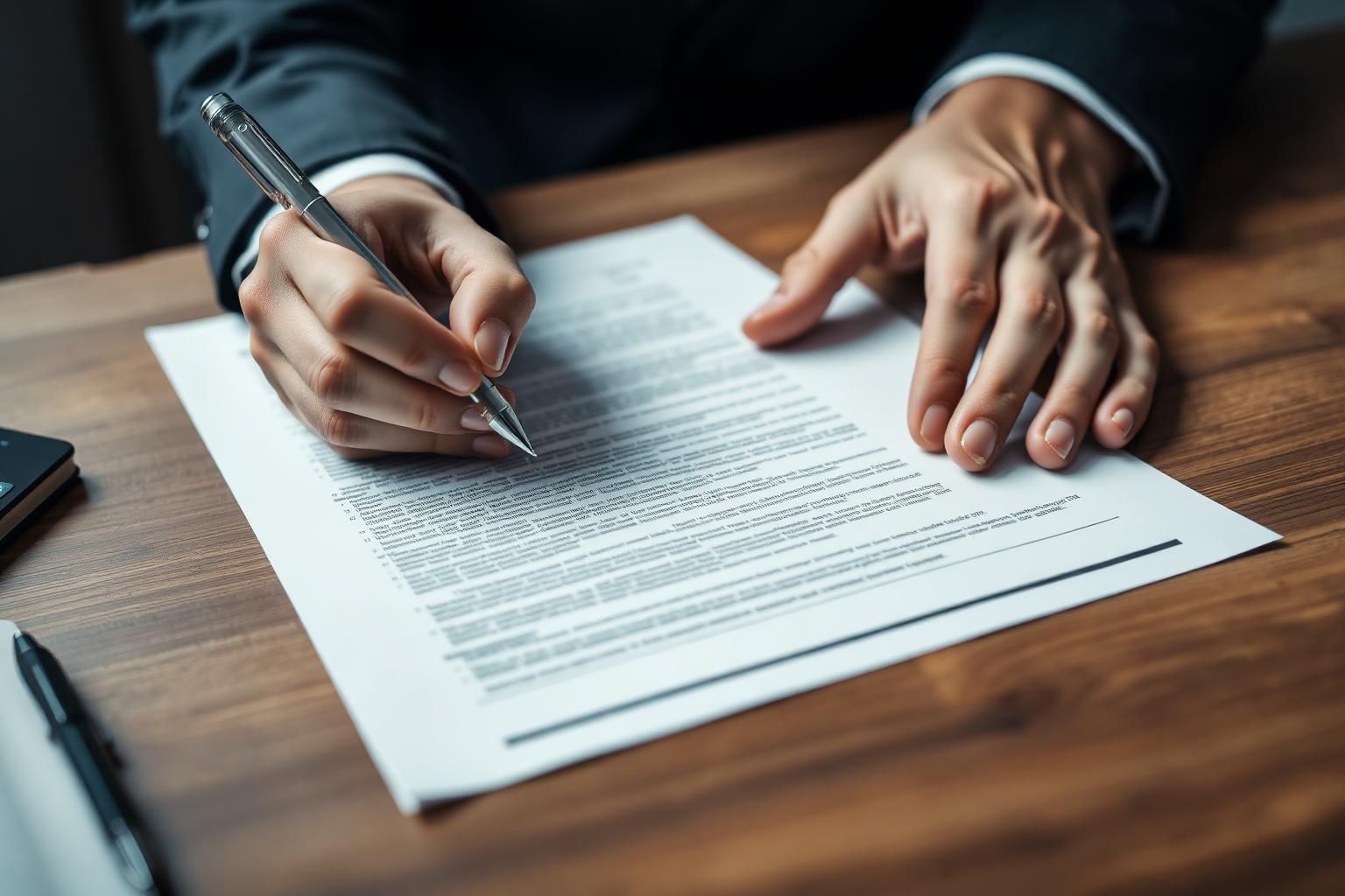 Hands annotating a printed regulatory document with a pen on a desk