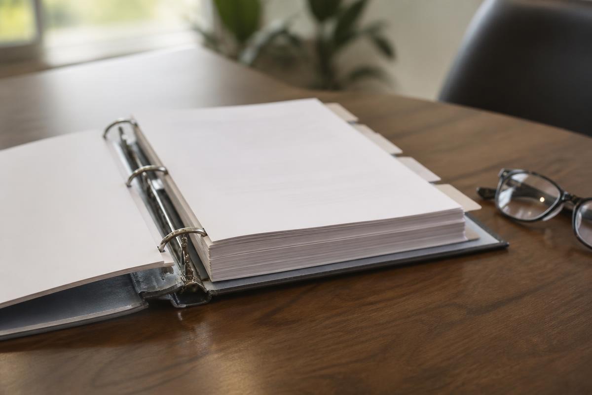 A printed policy binder open on a desk beside reading glasses