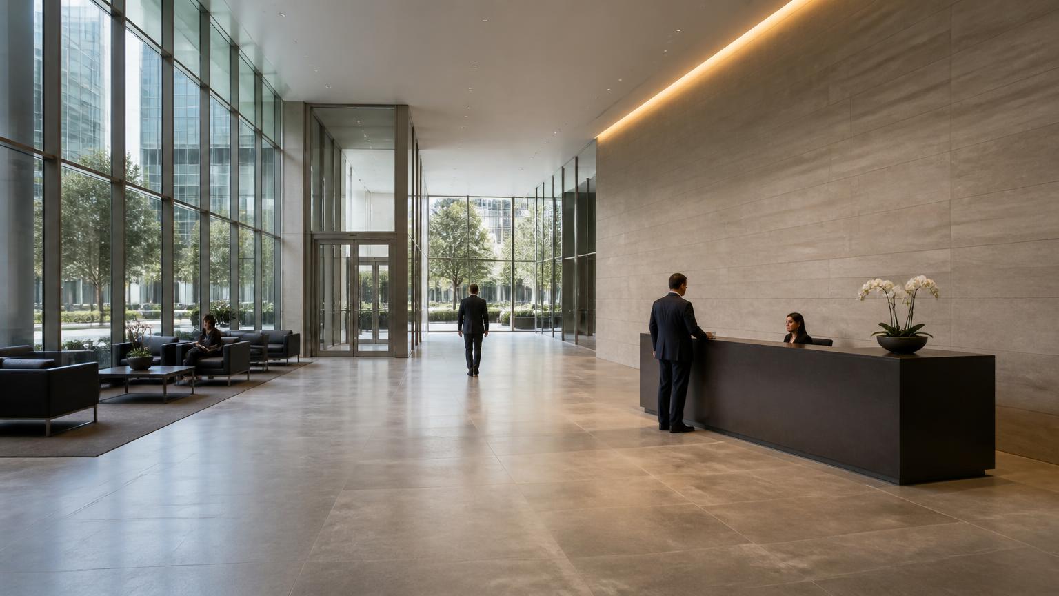 The lobby of a corporate office building in daylight