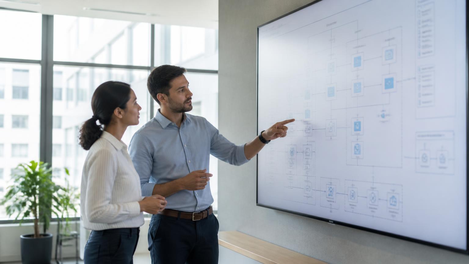Two engineers reviewing an architecture diagram on a wall display in a bright office