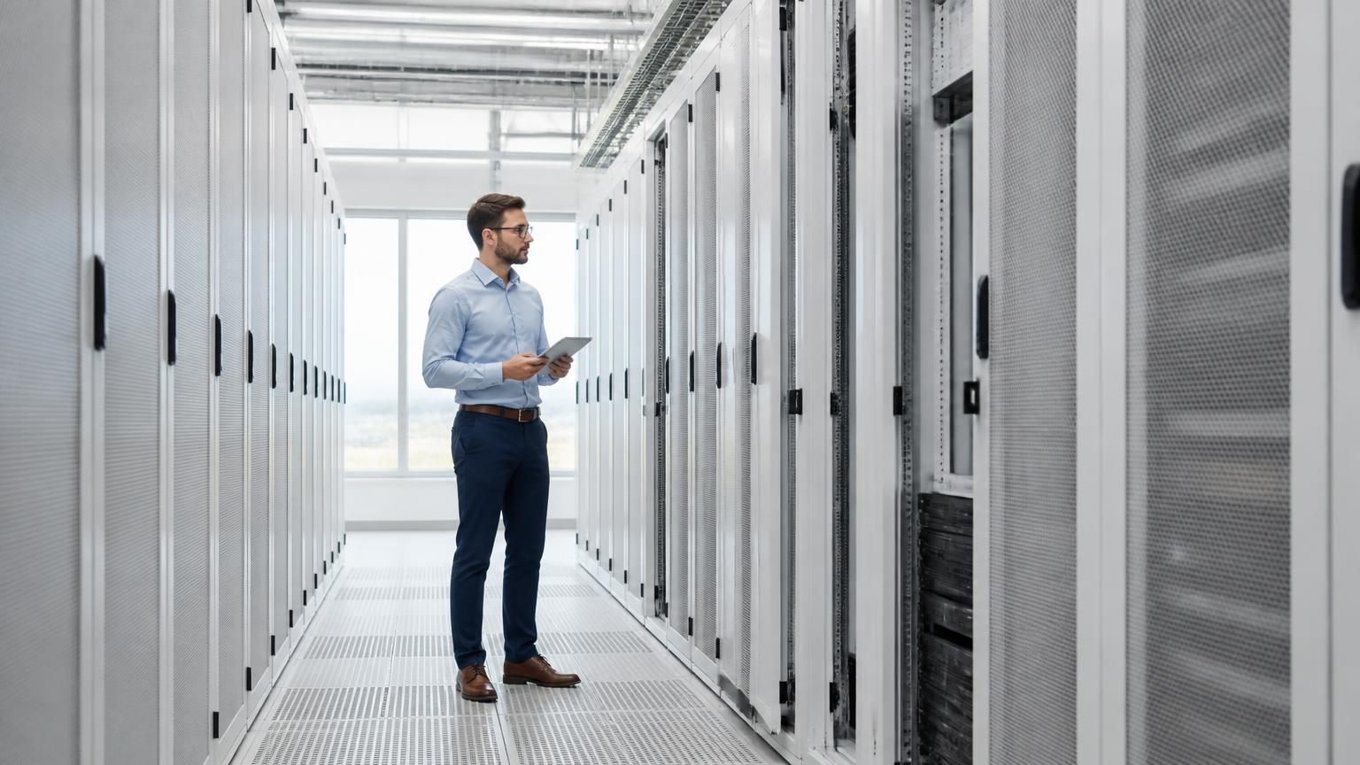 An engineer with a tablet in a clean data center aisle in daylight
