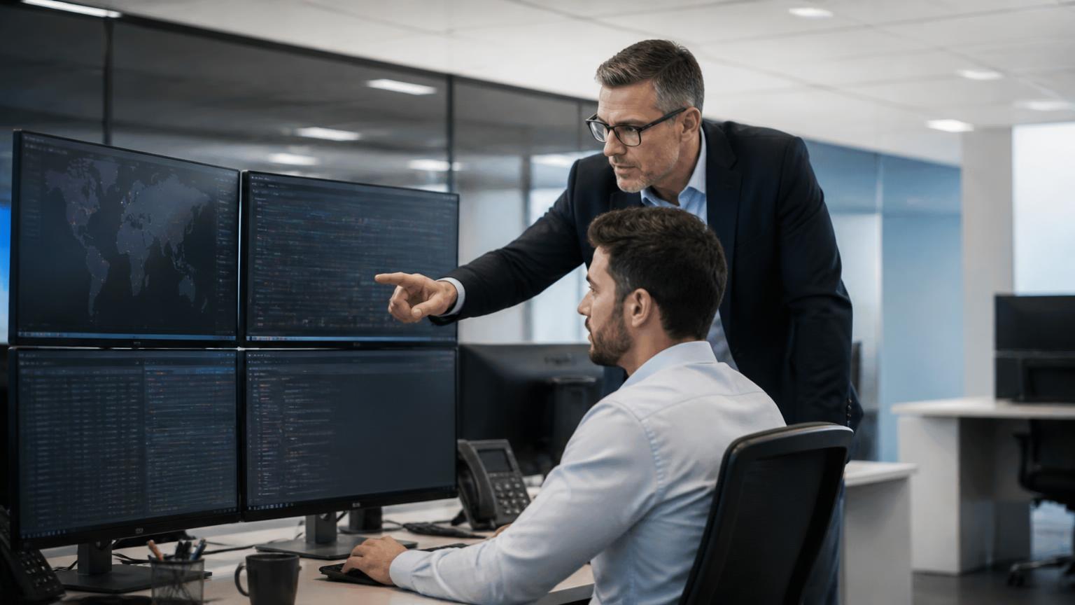 A security operations lead and a seated analyst reviewing a console together